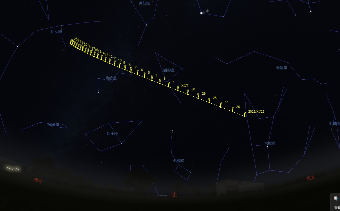 圖二：模擬 C/2025 K1 在 11 至 12 月底的位置。