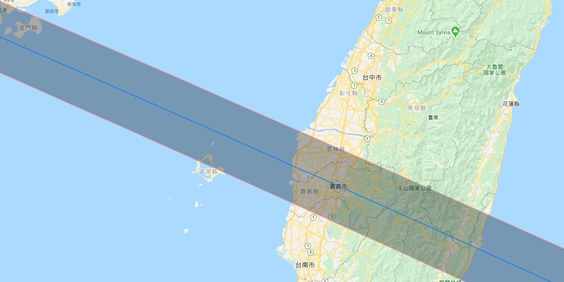 圖一、本次環食帶經過地圖